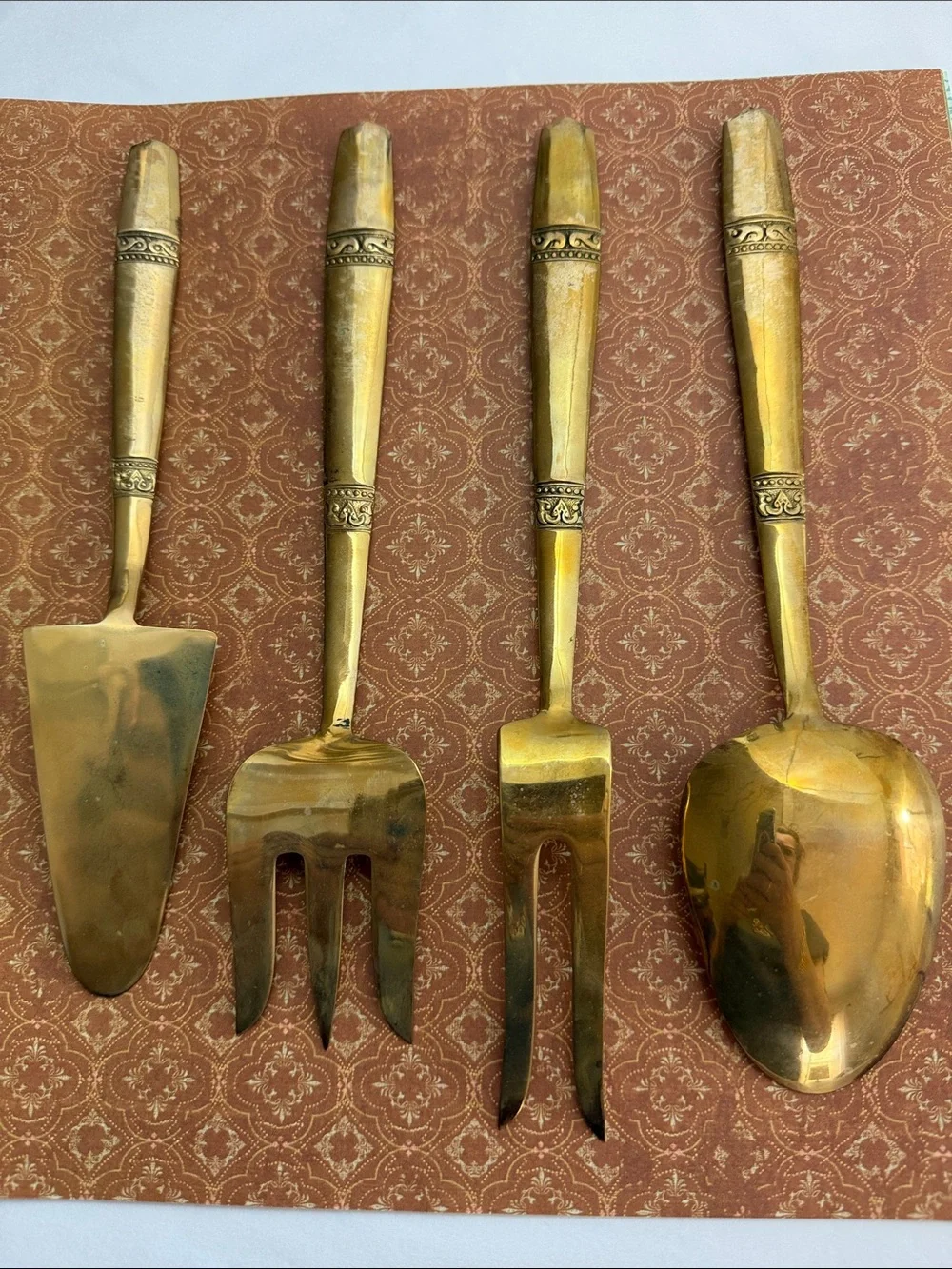 Vintage Thai Ornate Gold-Tone Serving Utensil Set of 4 Heavy MCM by Chao Phya